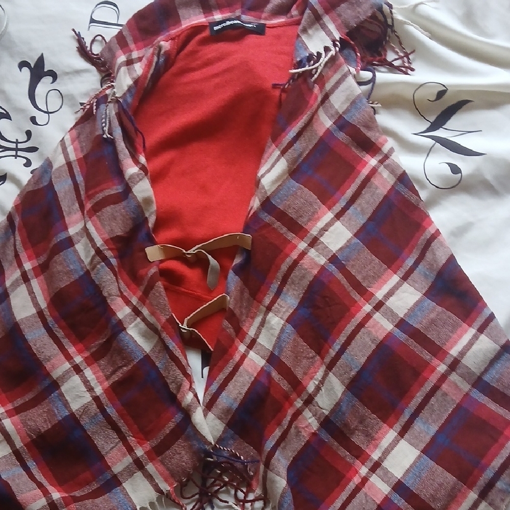 Red and Blue Plaid Shawl with Fringe